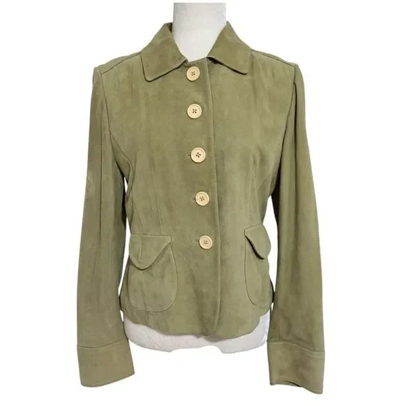 Ann Taylor Women's Sage Green Suede Office Work Casual Jacket 5 Button Sz Medium - Picture 2 of 8